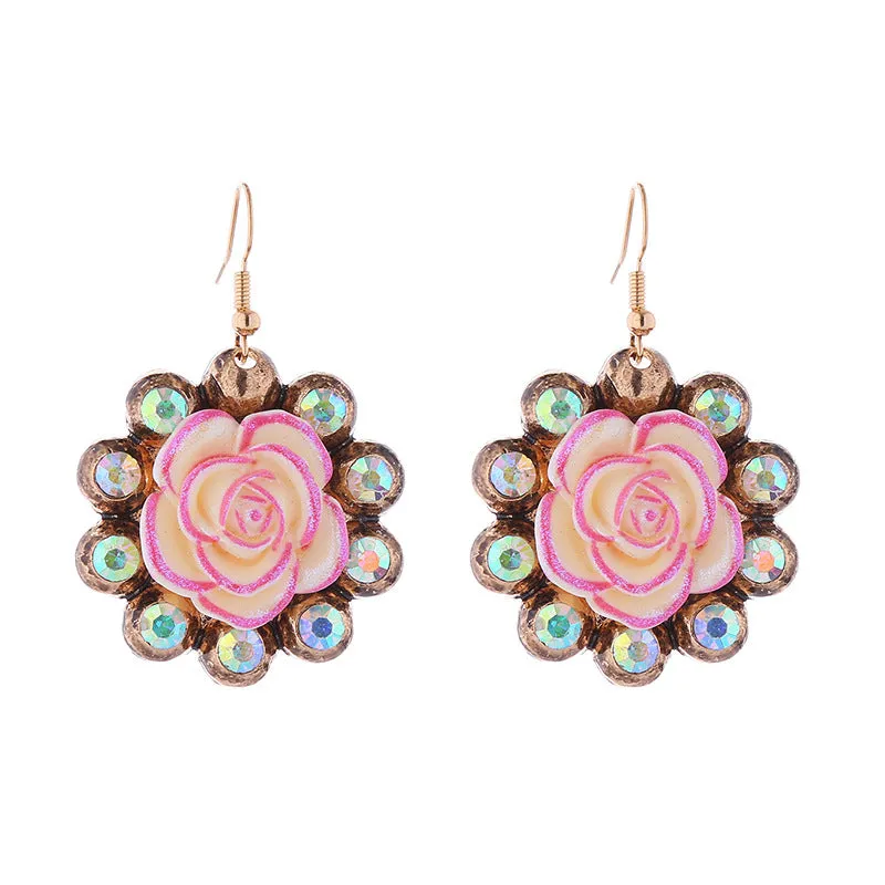 Wholesale Alloy Diamond Resin Floral Vintage Earrings