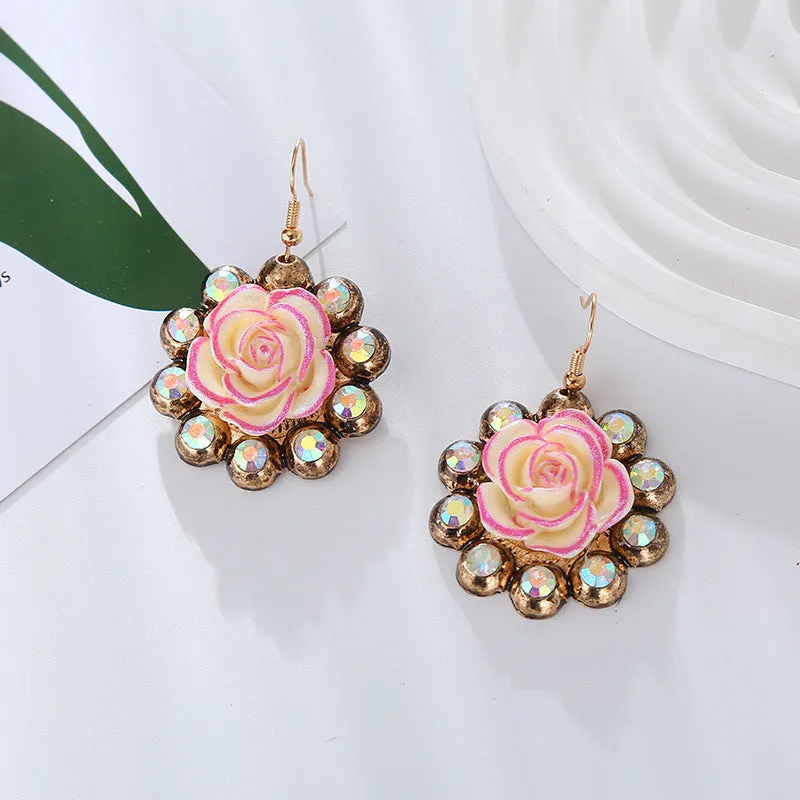 Wholesale Alloy Diamond Resin Floral Vintage Earrings