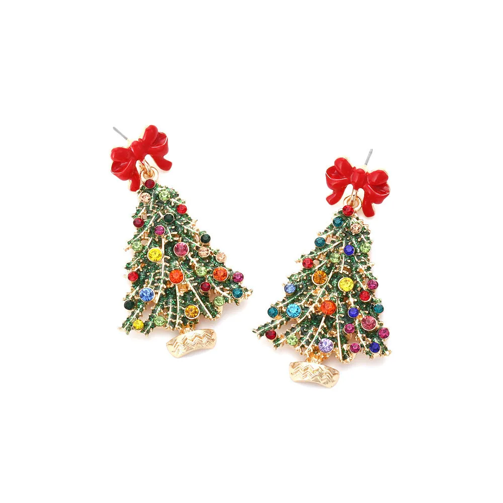 Wholesale Alloy Drip Oil Bow Christmas Tree Colored Diamond Earrings