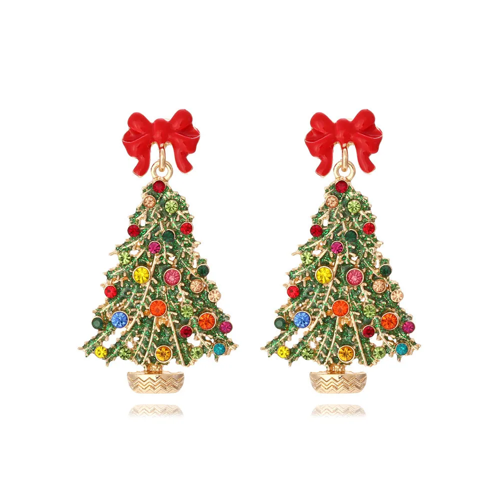 Wholesale Alloy Drip Oil Bow Christmas Tree Colored Diamond Earrings