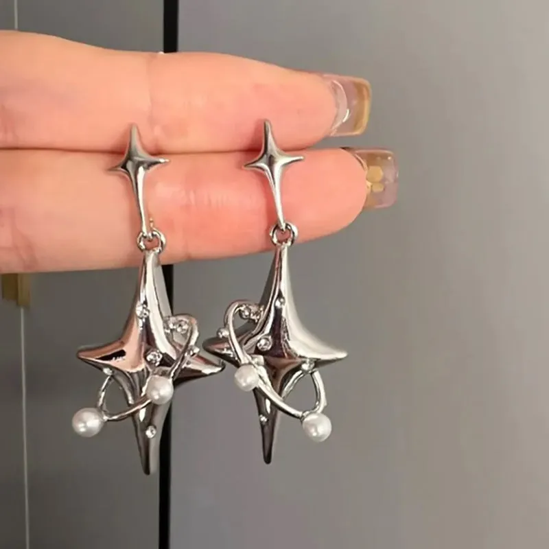 Wholesale Alloy Heart Four Pointed Star Tassel Earrings
