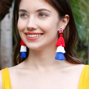 Wholesale American Flag Hand-woven Red, Blue and White Tassel Earrings