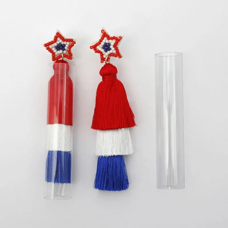 Wholesale American Flag Hand-woven Red, Blue and White Tassel Earrings