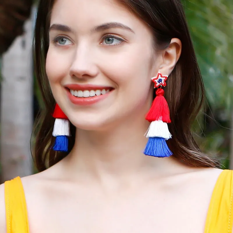 Wholesale American Flag Hand-woven Red, Blue and White Tassel Earrings