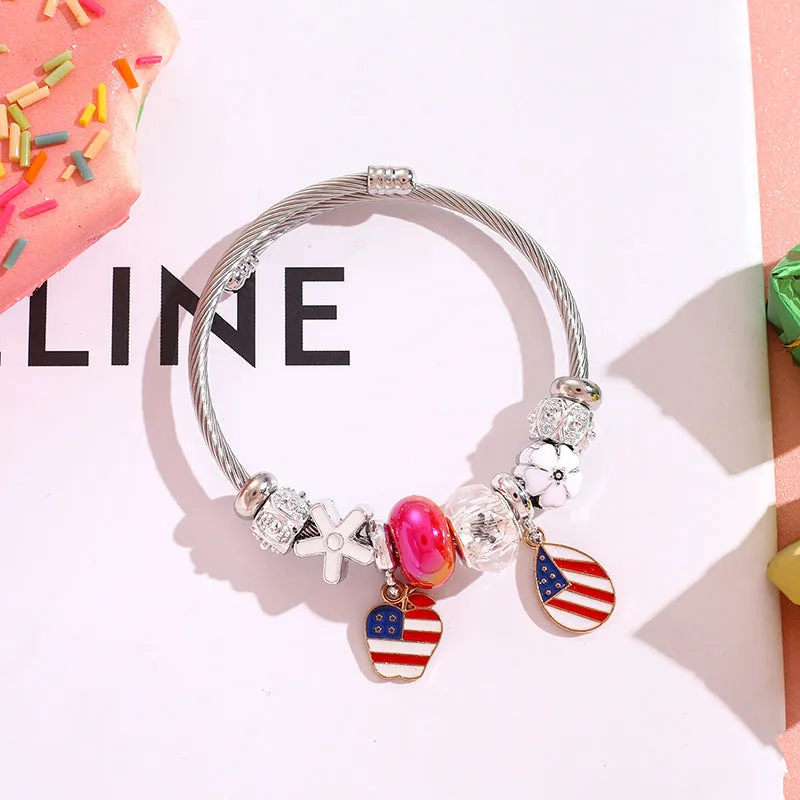 Wholesale American Flag Love Balloon Pendant Stainless Steel Beaded Bracelet