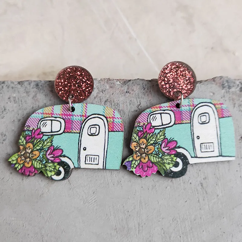Wholesale American Independence Day Leopard Print Small Flower RV Camping Wooden Earrings