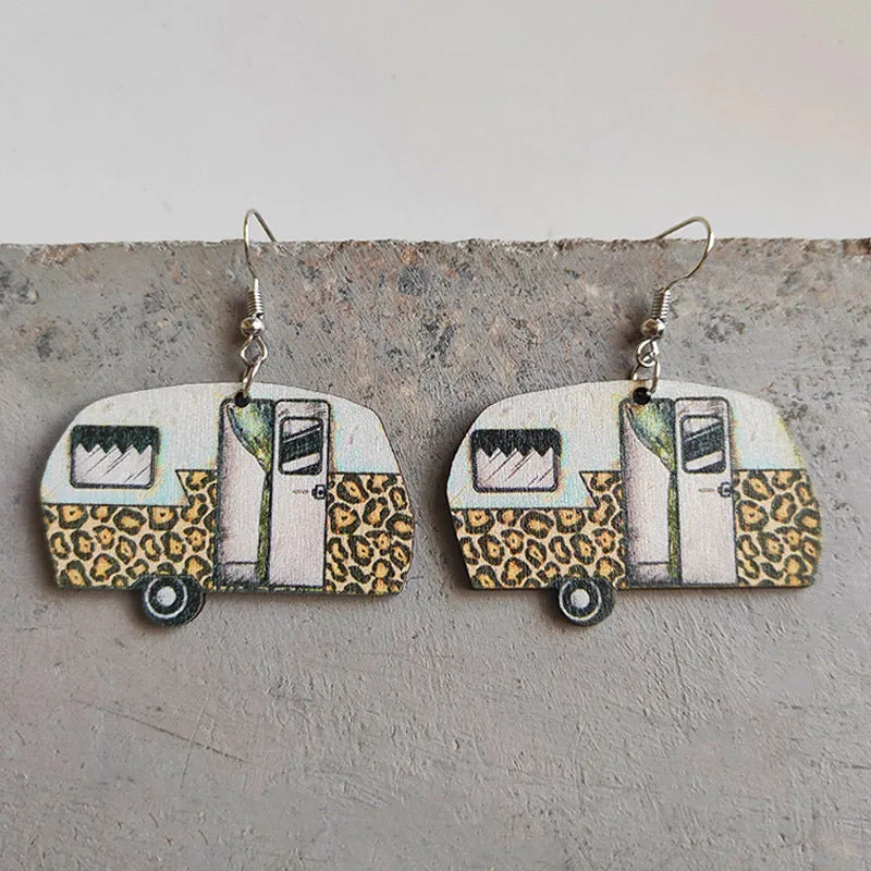 Wholesale American Independence Day Leopard Print Small Flower RV Camping Wooden Earrings