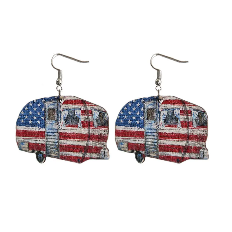 Wholesale American Independence Day Leopard Print Small Flower RV Camping Wooden Earrings