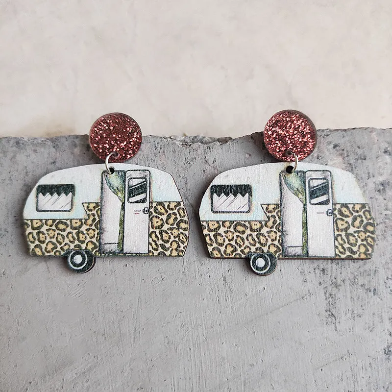 Wholesale American Independence Day Leopard Print Small Flower RV Camping Wooden Earrings