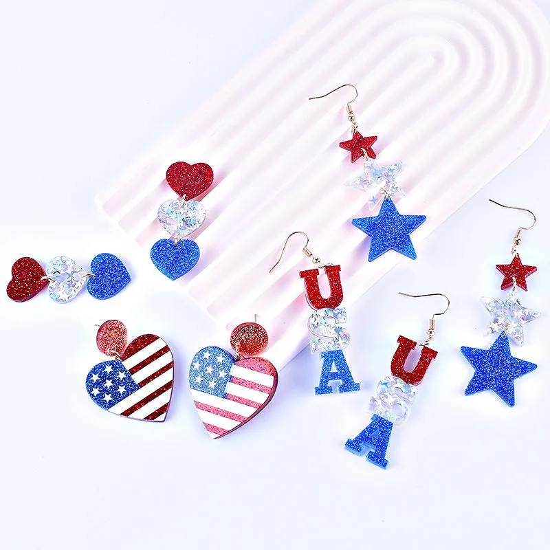 Wholesale American Independence Day Red White and Blue Striped Flag Love Heart Five-pointed Star Earrings