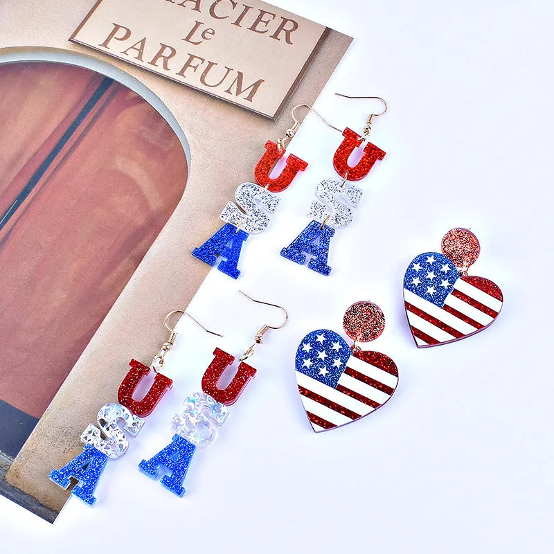 Wholesale American Independence Day Red White and Blue Striped Flag Love Heart Five-pointed Star Earrings