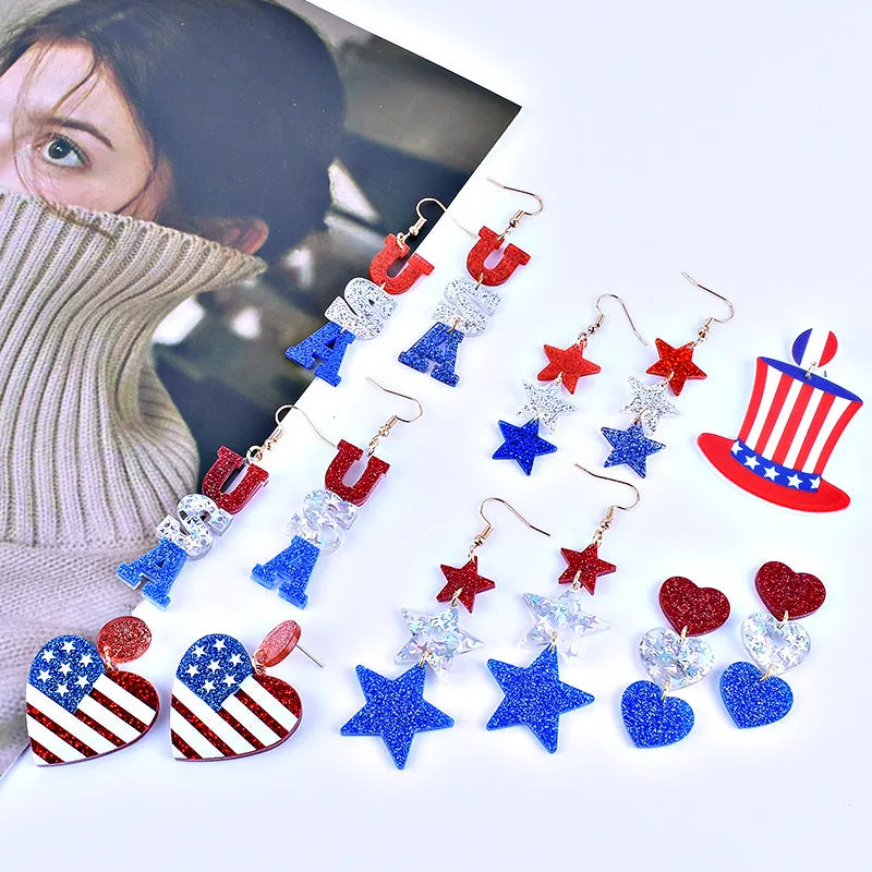 Wholesale American Independence Day Red White and Blue Striped Flag Love Heart Five-pointed Star Earrings