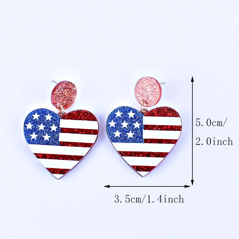 Wholesale American Independence Day Red White and Blue Striped Flag Love Heart Five-pointed Star Earrings