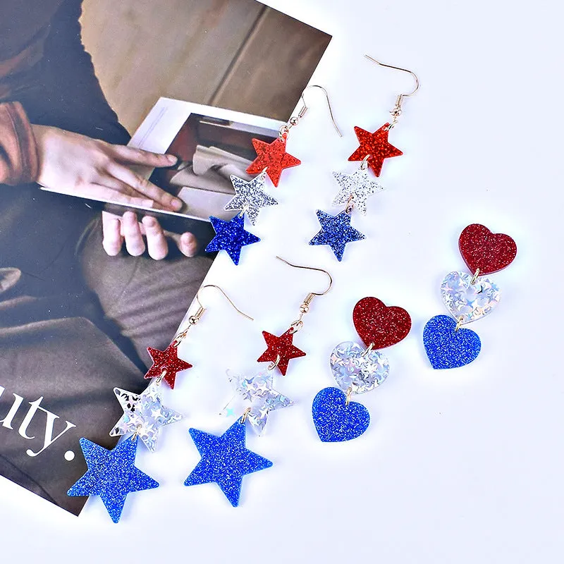 Wholesale American Independence Day Red White and Blue Striped Flag Love Heart Five-pointed Star Earrings