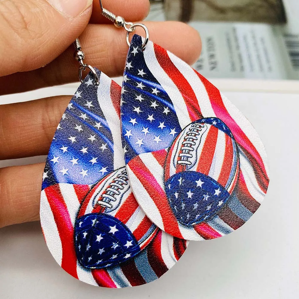 Wholesale American Independence Day Sunflower Cross Football Leather Earrings