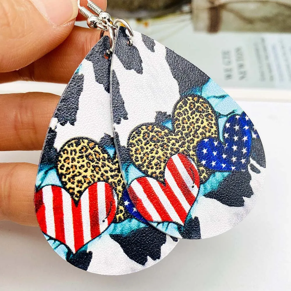 Wholesale American Independence Day Sunflower Cross Football Leather Earrings
