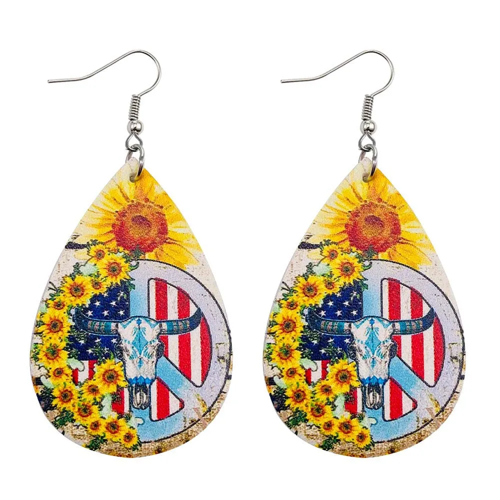 Wholesale American Independence Day Sunflower Cross Football Leather Earrings