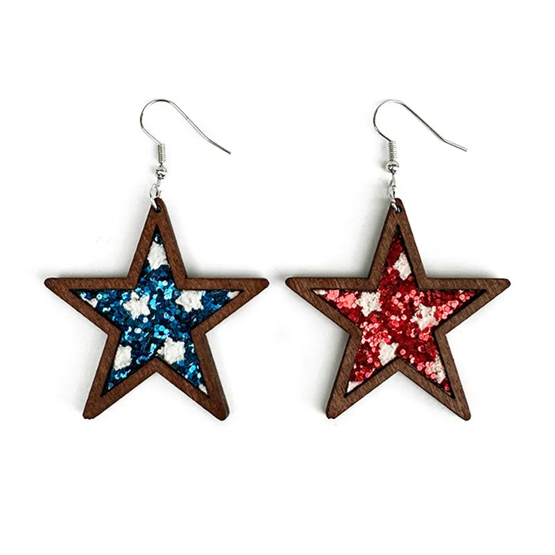 Wholesale American Independence Day Western Style Five-pointed Star Wooden Earrings