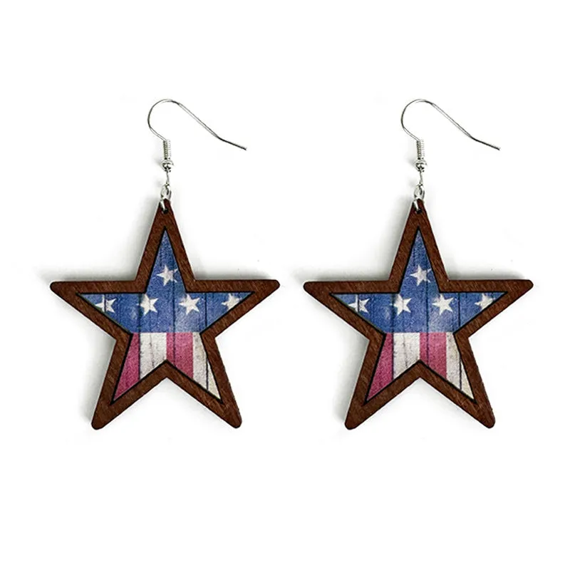 Wholesale American Independence Day Western Style Five-pointed Star Wooden Earrings