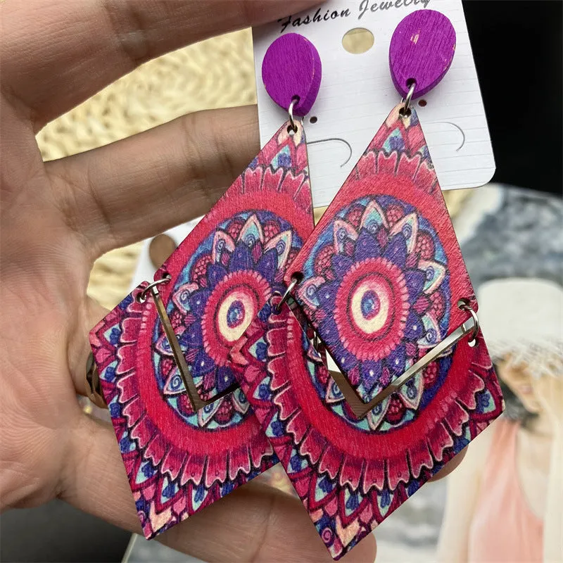 Wholesale Antique Bohemian Printed Wood Earrings
