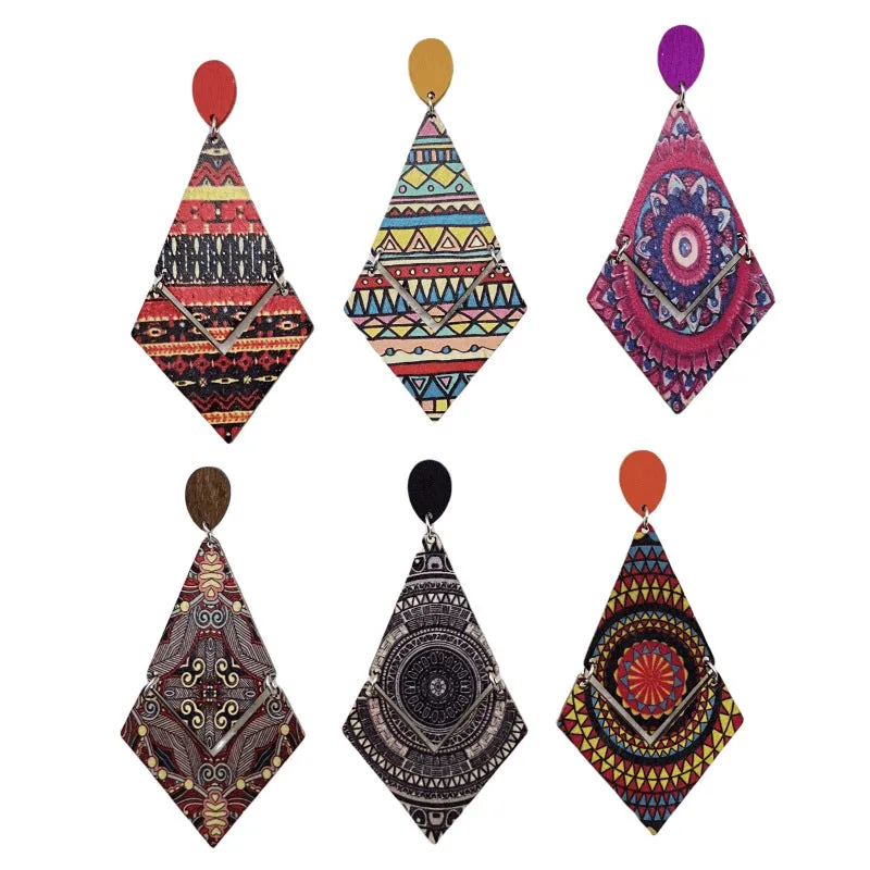 Wholesale Antique Bohemian Printed Wood Earrings