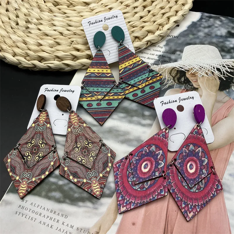 Wholesale Antique Bohemian Printed Wood Earrings