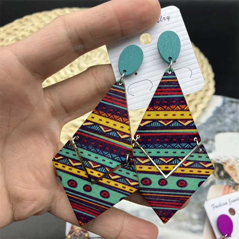 Wholesale Antique Bohemian Printed Wood Earrings