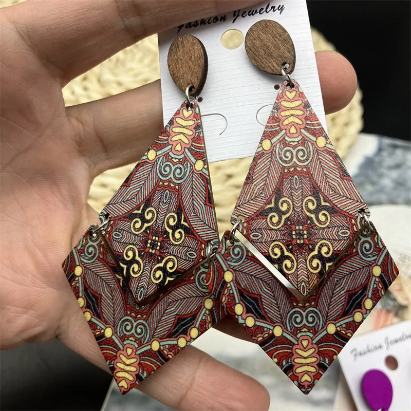 Wholesale Antique Bohemian Printed Wood Earrings