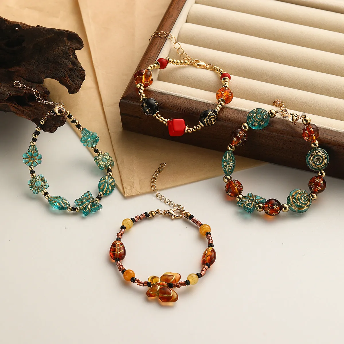 Wholesale Antique Golden Literary Retro Colorful Beaded Glass Bracelet