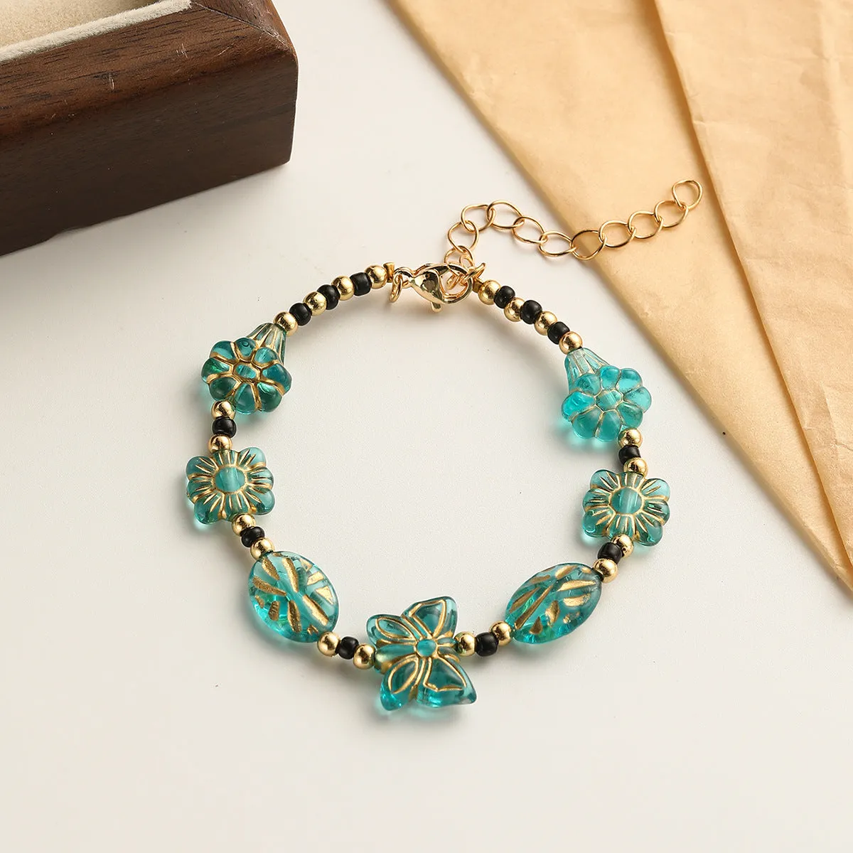 Wholesale Antique Golden Literary Retro Colorful Beaded Glass Bracelet