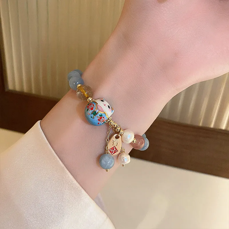 Wholesale Beaded Ceramic Lucky Cat Forwarding Pearl Crystal Bracelet