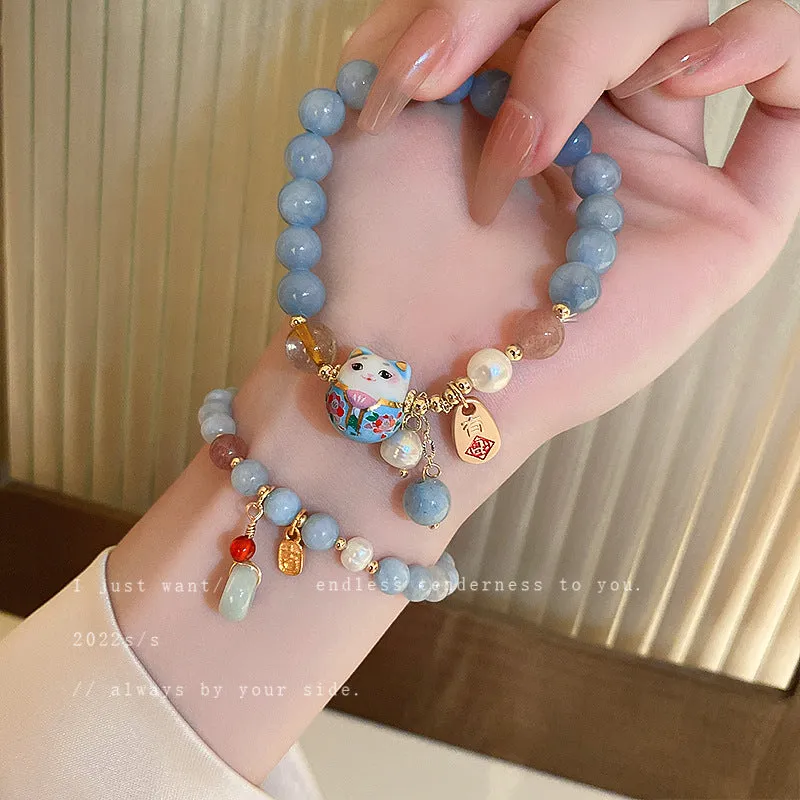 Wholesale Beaded Ceramic Lucky Cat Forwarding Pearl Crystal Bracelet