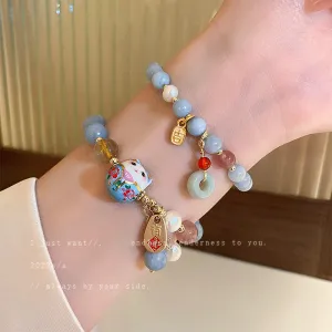 Wholesale Beaded Ceramic Lucky Cat Forwarding Pearl Crystal Bracelet