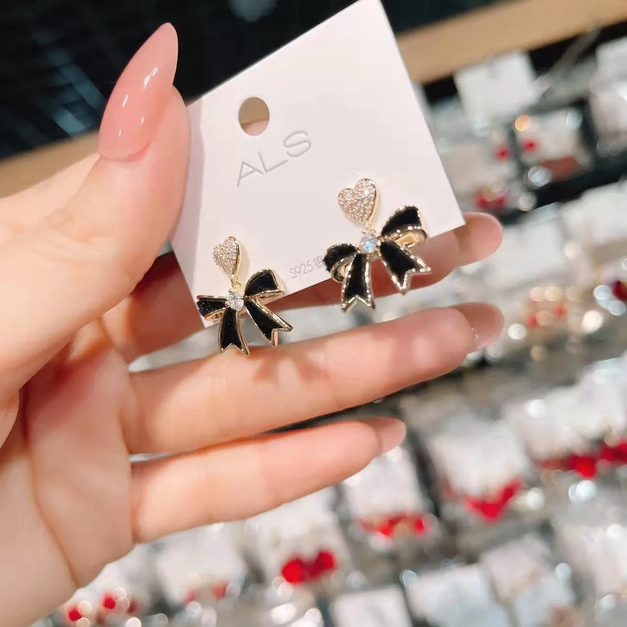 Wholesale Black Bow Love Heart S925 Silver Needle Earrings