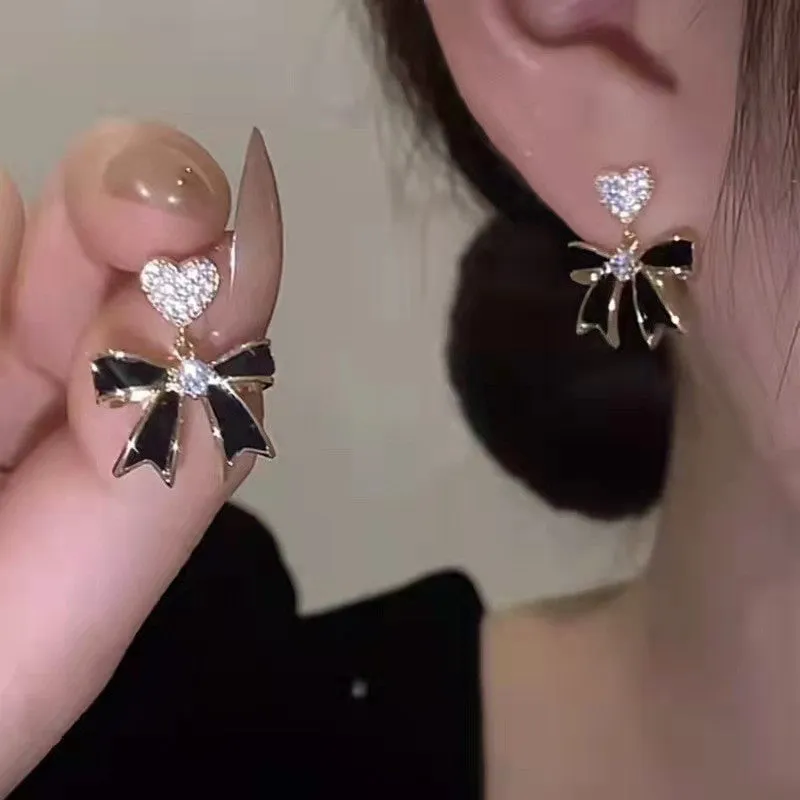 Wholesale Black Bow Love Heart S925 Silver Needle Earrings