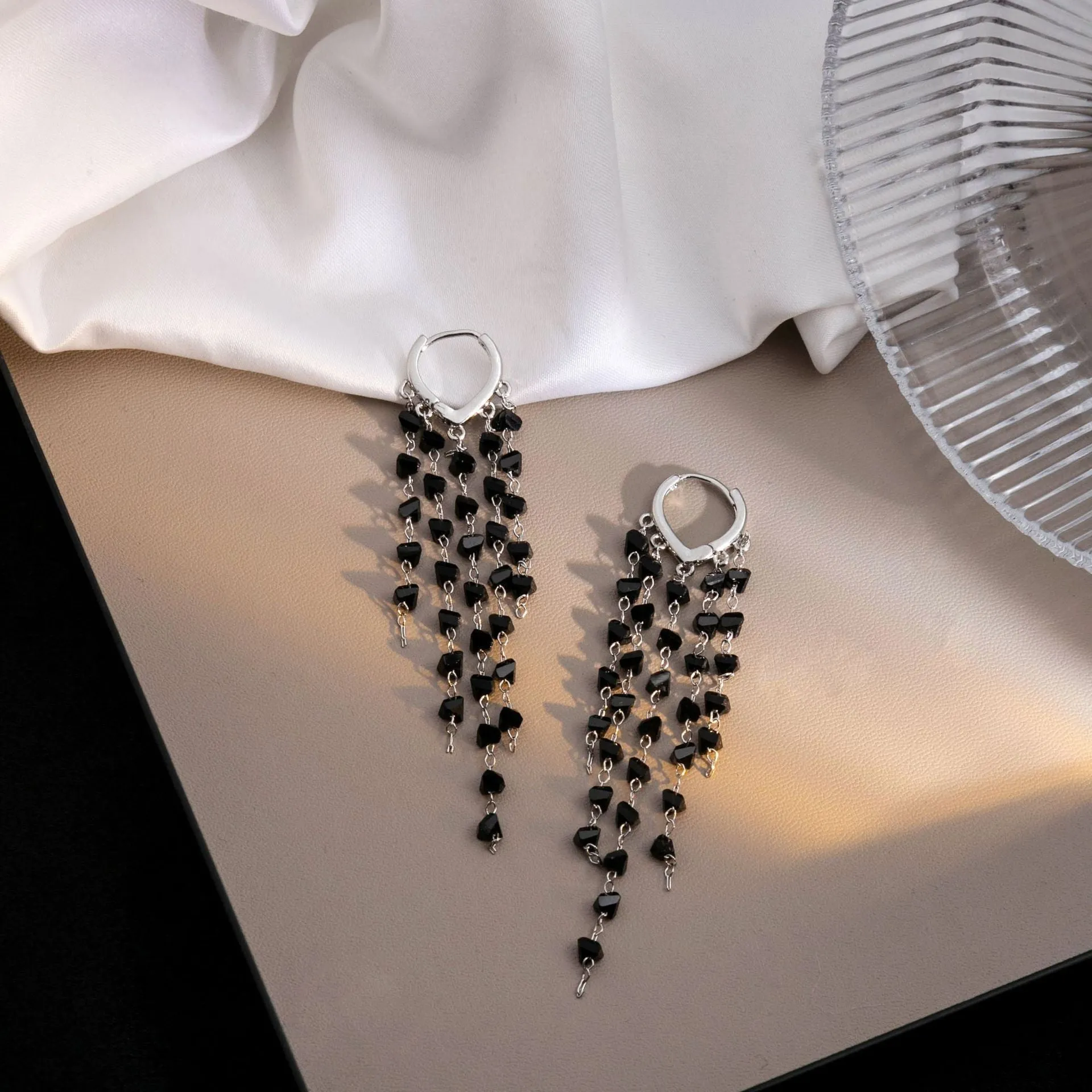Wholesale Black Crystal Tassel Copper Earrings