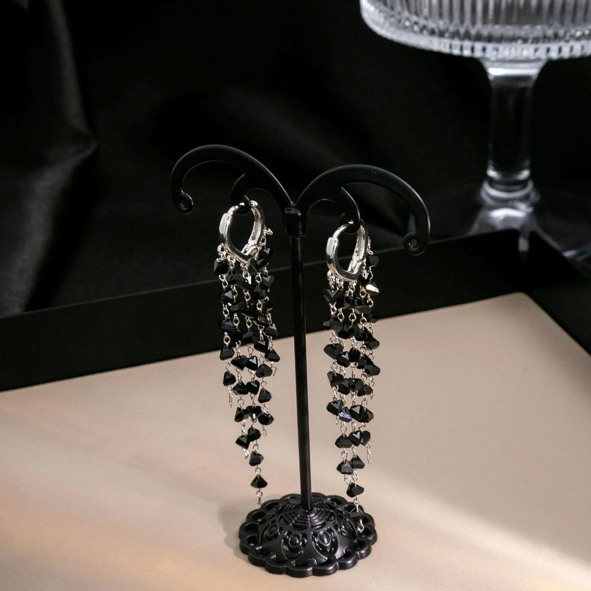 Wholesale Black Crystal Tassel Copper Earrings
