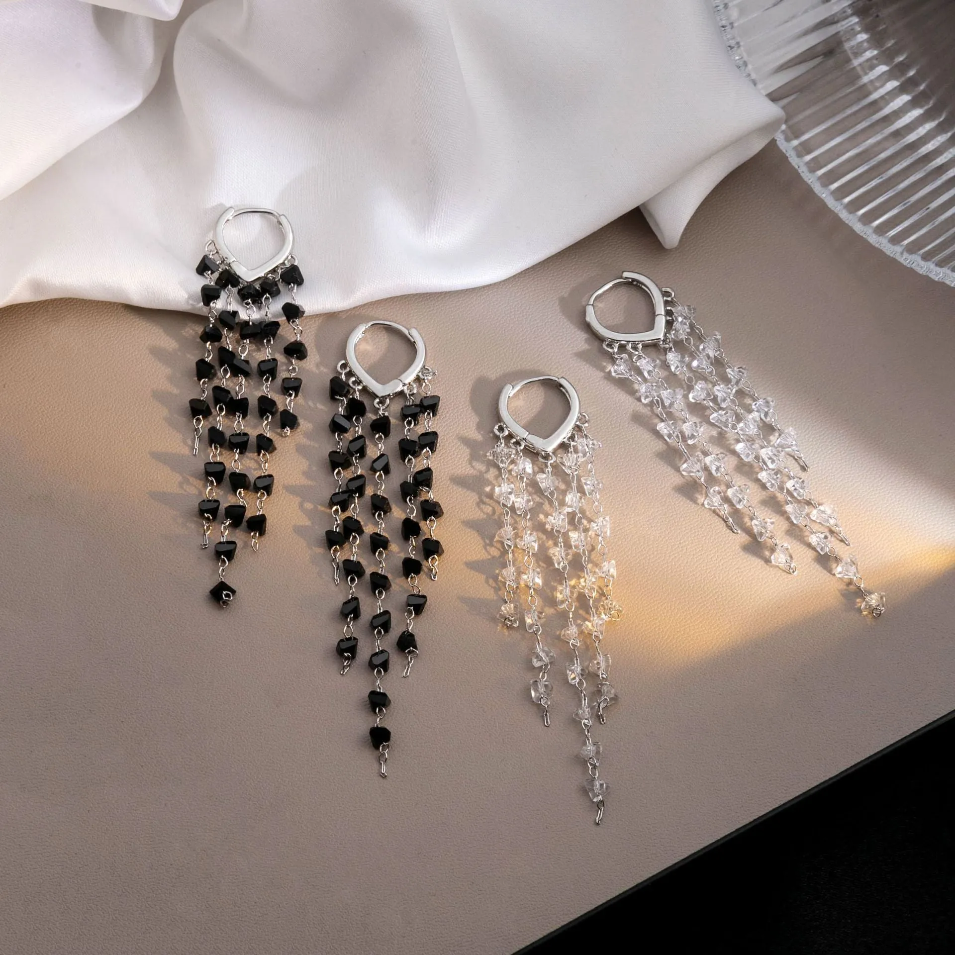 Wholesale Black Crystal Tassel Copper Earrings