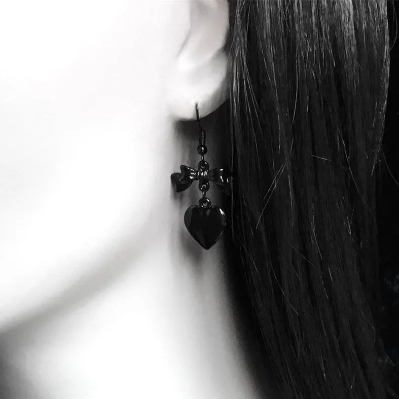 Wholesale Black Heart Shaped Black Bow Alloy Earrings