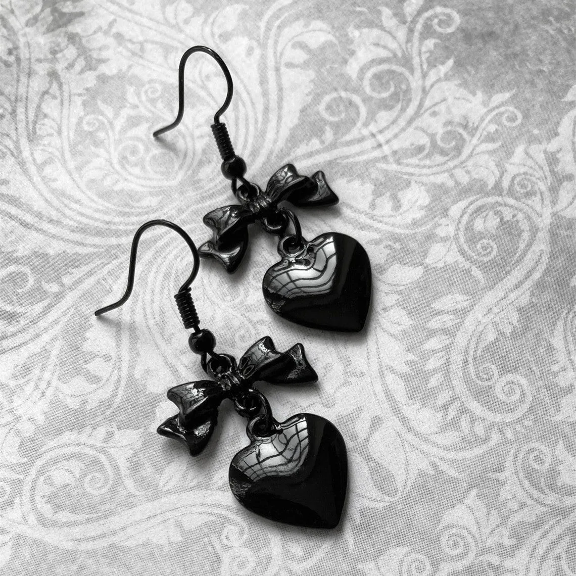 Wholesale Black Heart Shaped Black Bow Alloy Earrings