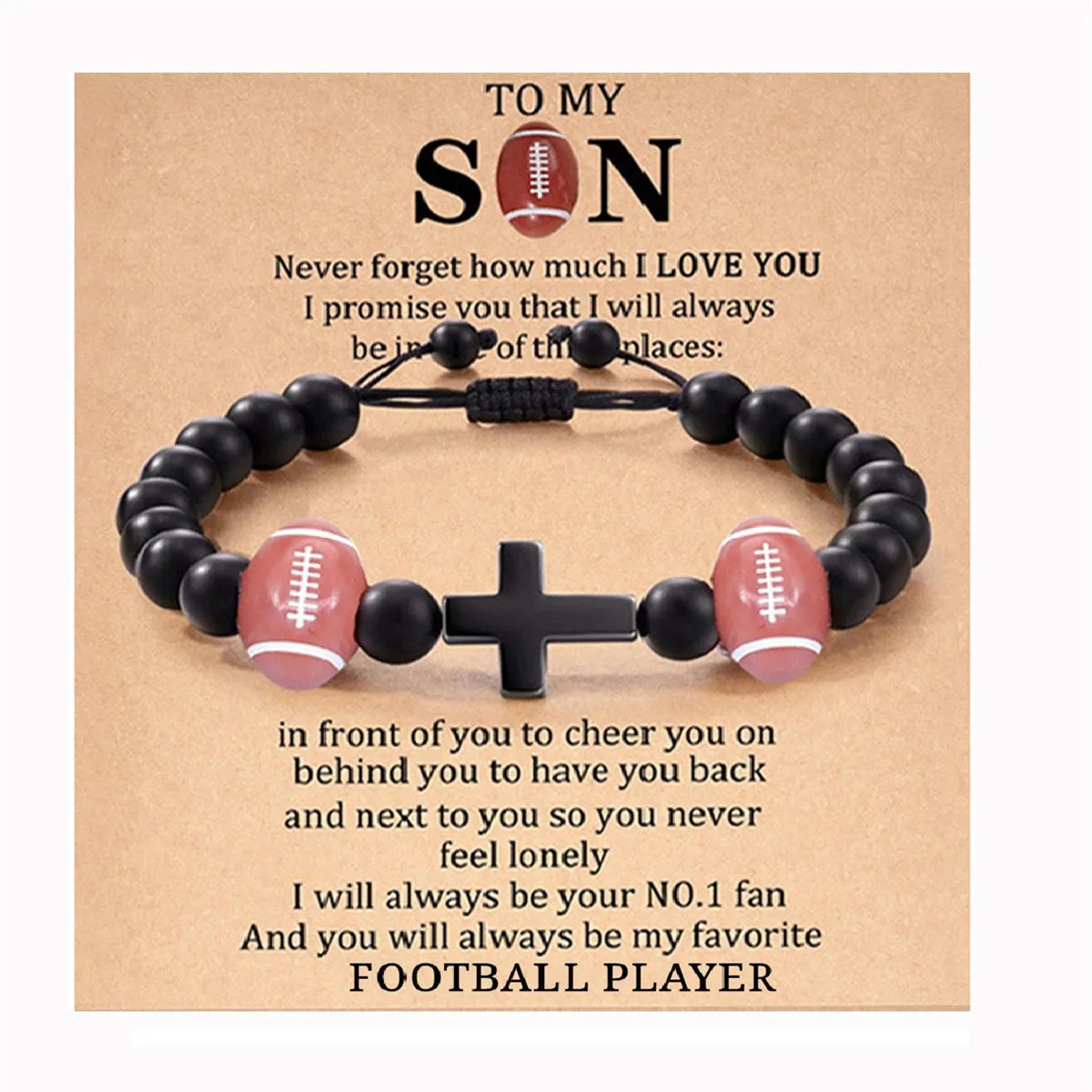 Wholesale Black Stone Beads Braided Adjustable Bracelet with Cardboard Football Beads Cross Bracelet