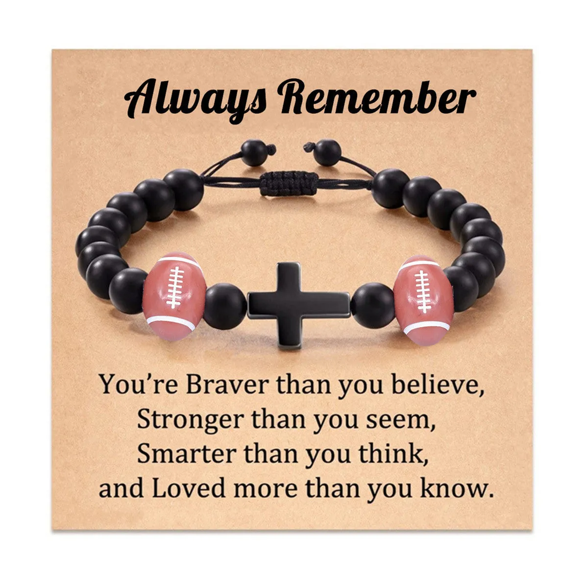 Wholesale Black Stone Beads Braided Adjustable Bracelet with Cardboard Football Beads Cross Bracelet