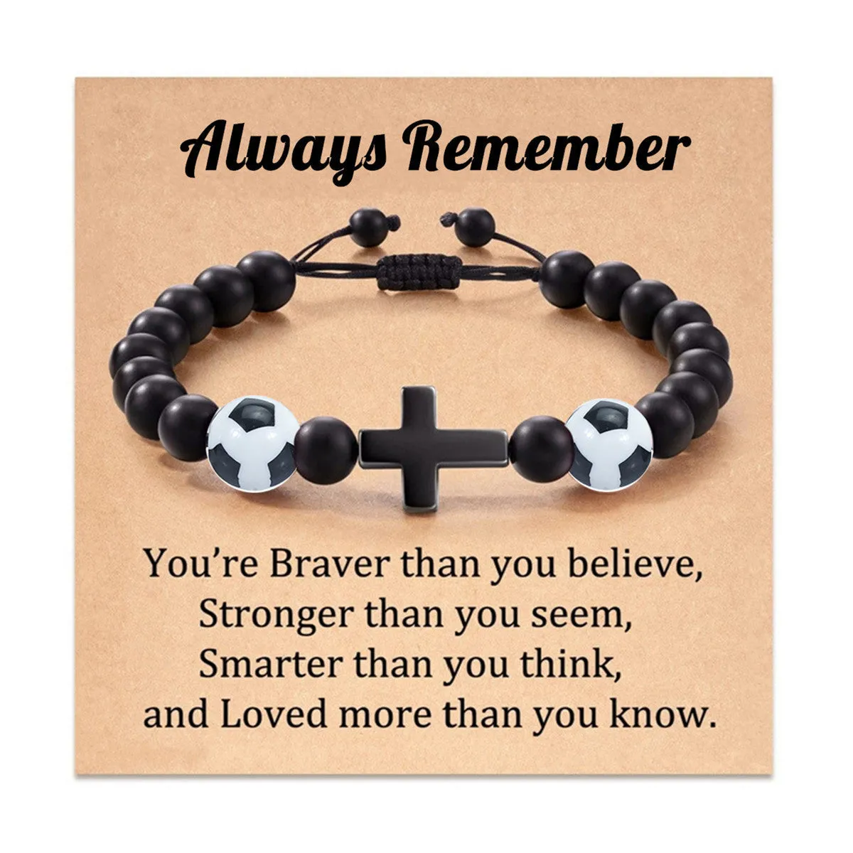 Wholesale Black Stone Beads Braided Adjustable Bracelet with Cardboard Football Beads Cross Bracelet