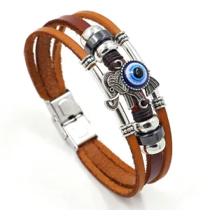 Wholesale blue eyes elephant skin multi-layered beaded braided bracelet stainless steel bracelet