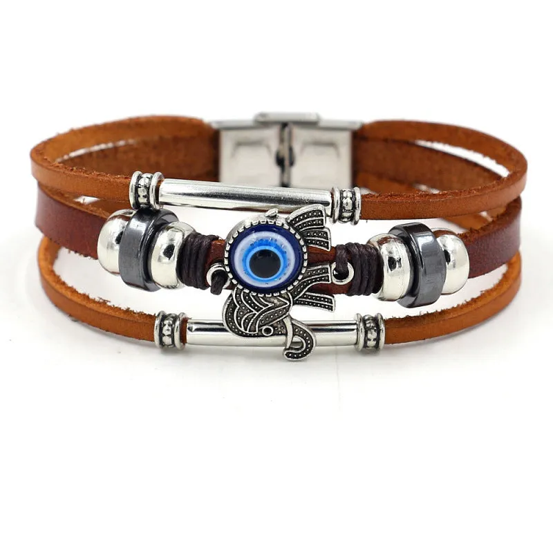 Wholesale blue eyes elephant skin multi-layered beaded braided bracelet stainless steel bracelet