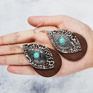 Wholesale Blue Turquoise Alloy Wood Leather Multi Layer Combination Earrings