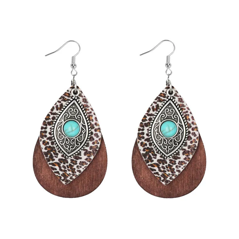 Wholesale Blue Turquoise Alloy Wood Leather Multi Layer Combination Earrings