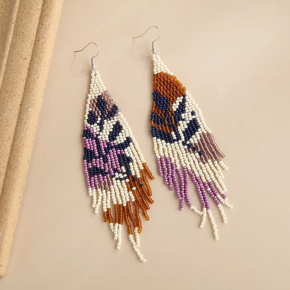 Wholesale Bohemian Botanical Flower Rice Beads Tassel Earrings