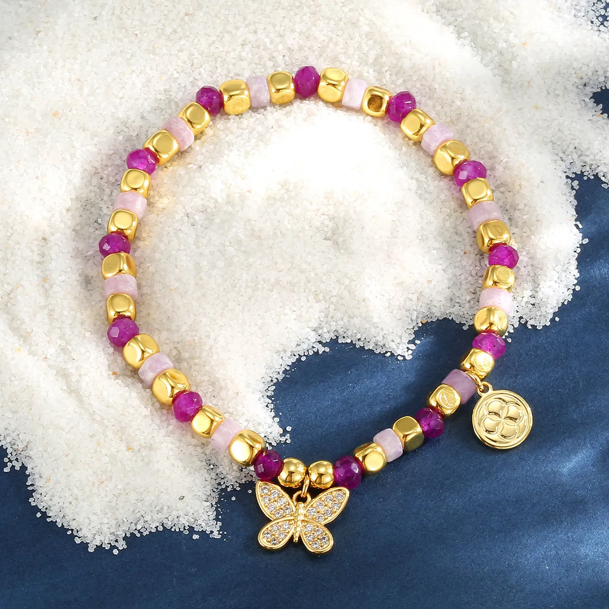 Wholesale Bohemian butterfly inlaid zircon beads rose quartz chalcedony bracelet