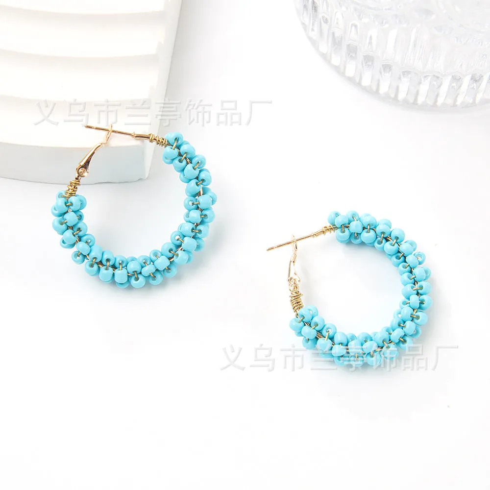 Wholesale Bohemian Colorful Circle Hand Braided Rice Bead Earrings